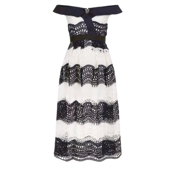 NWT $580 Self-Portrait Dress Guipure Lace Off Shoulder Midi SIZE 6 White Navy - Picture 1 of 16